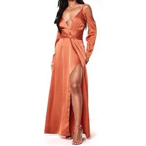 New With Tags - High Slit Off the Shoulder Sleeved Satin Maxi Dress